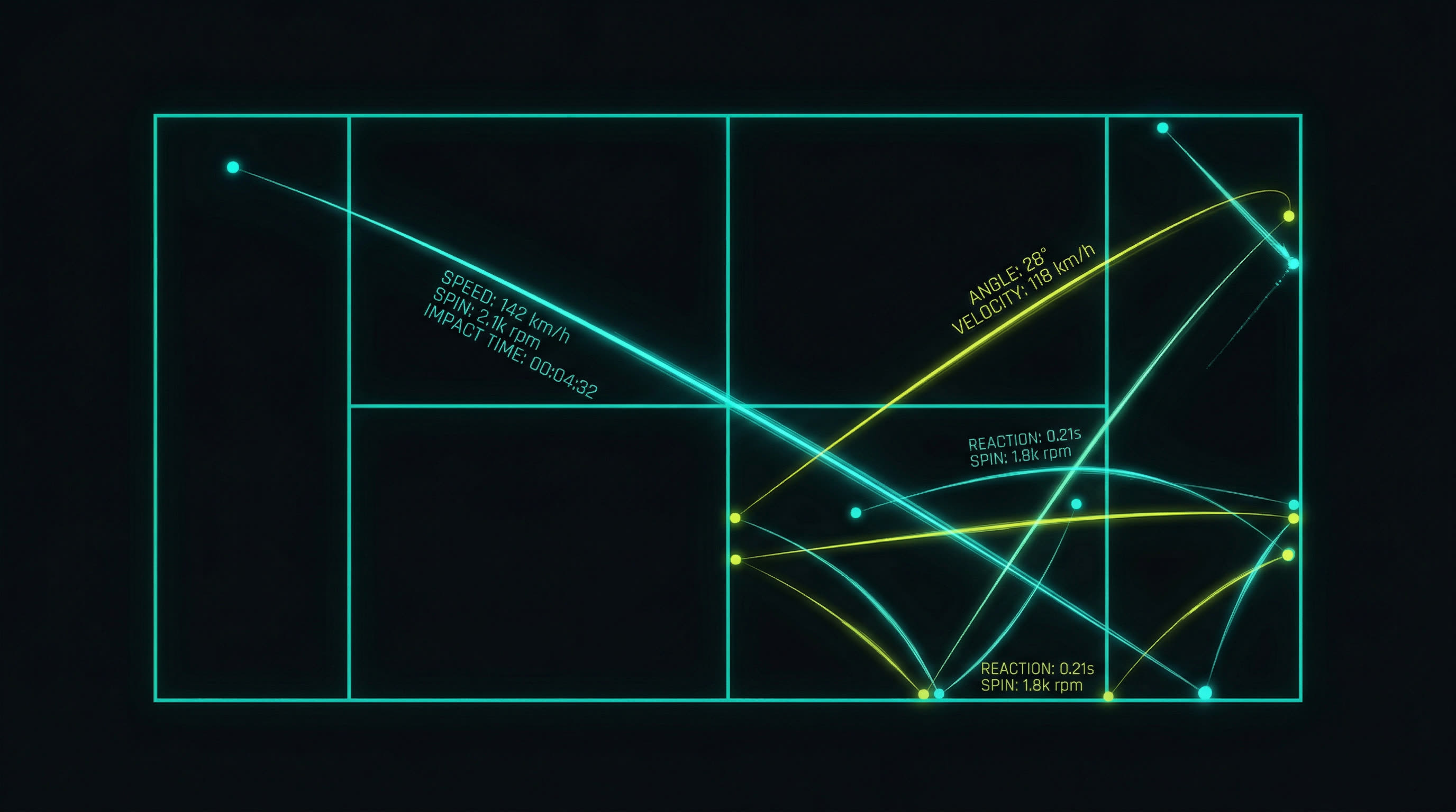 Top-down padel court with glowing shot trajectory arcs
