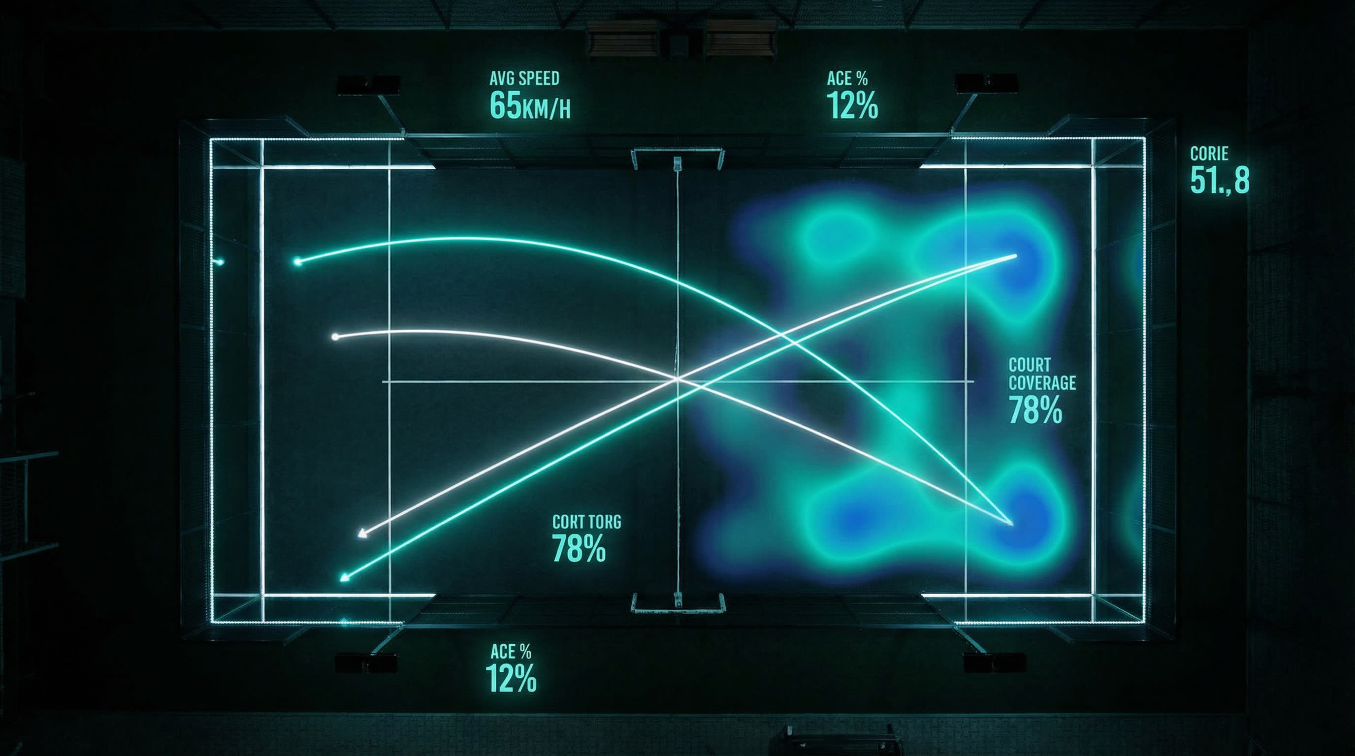 Aerial court view with shot trajectory data overlays and heat map