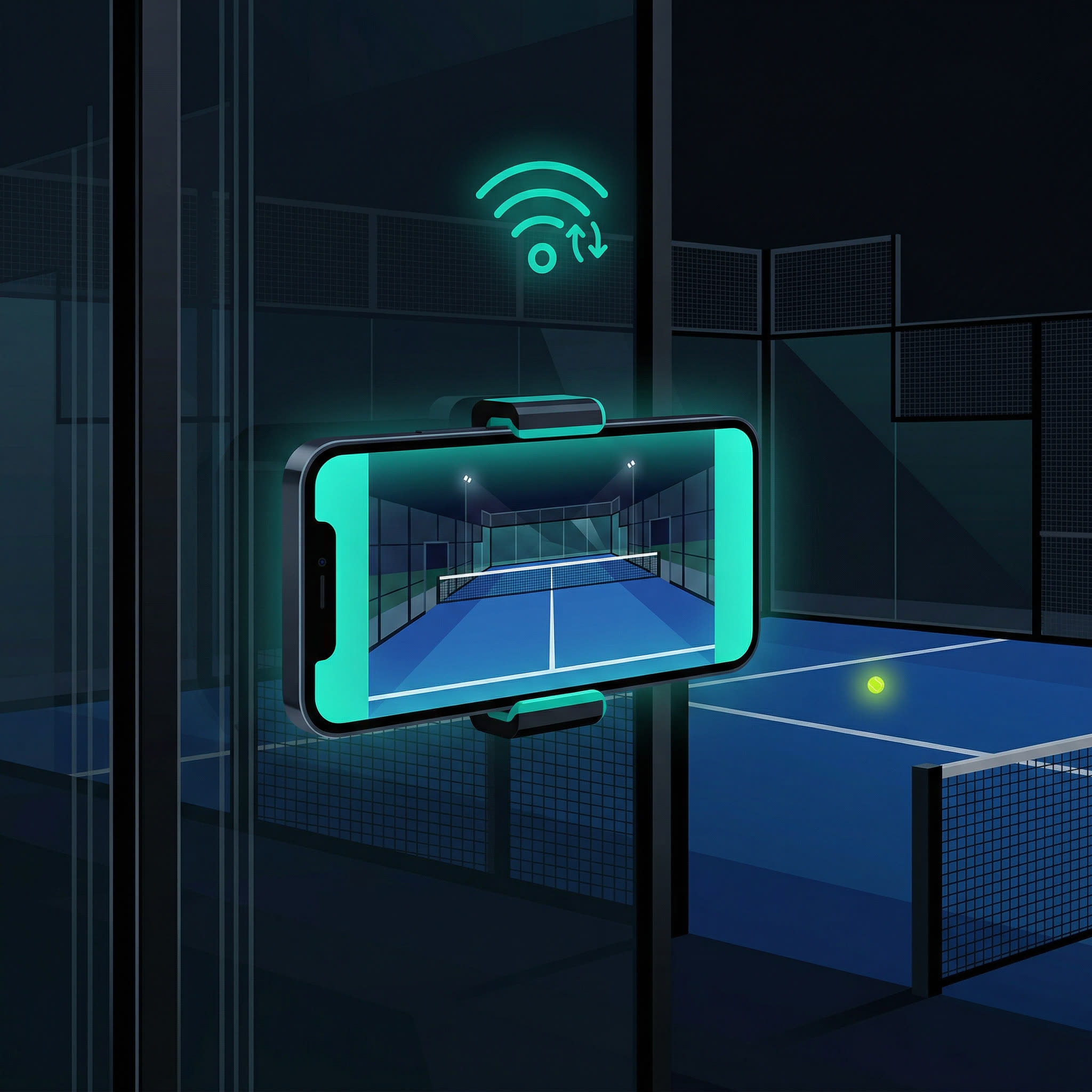 Smartphone clipped to padel court glass wall