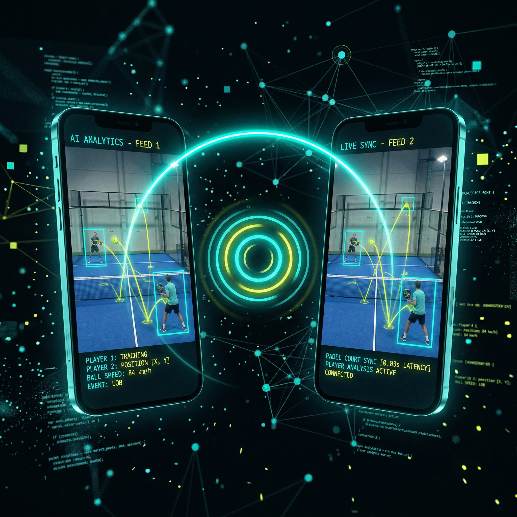 Two phones synced with AI analytics overlay
