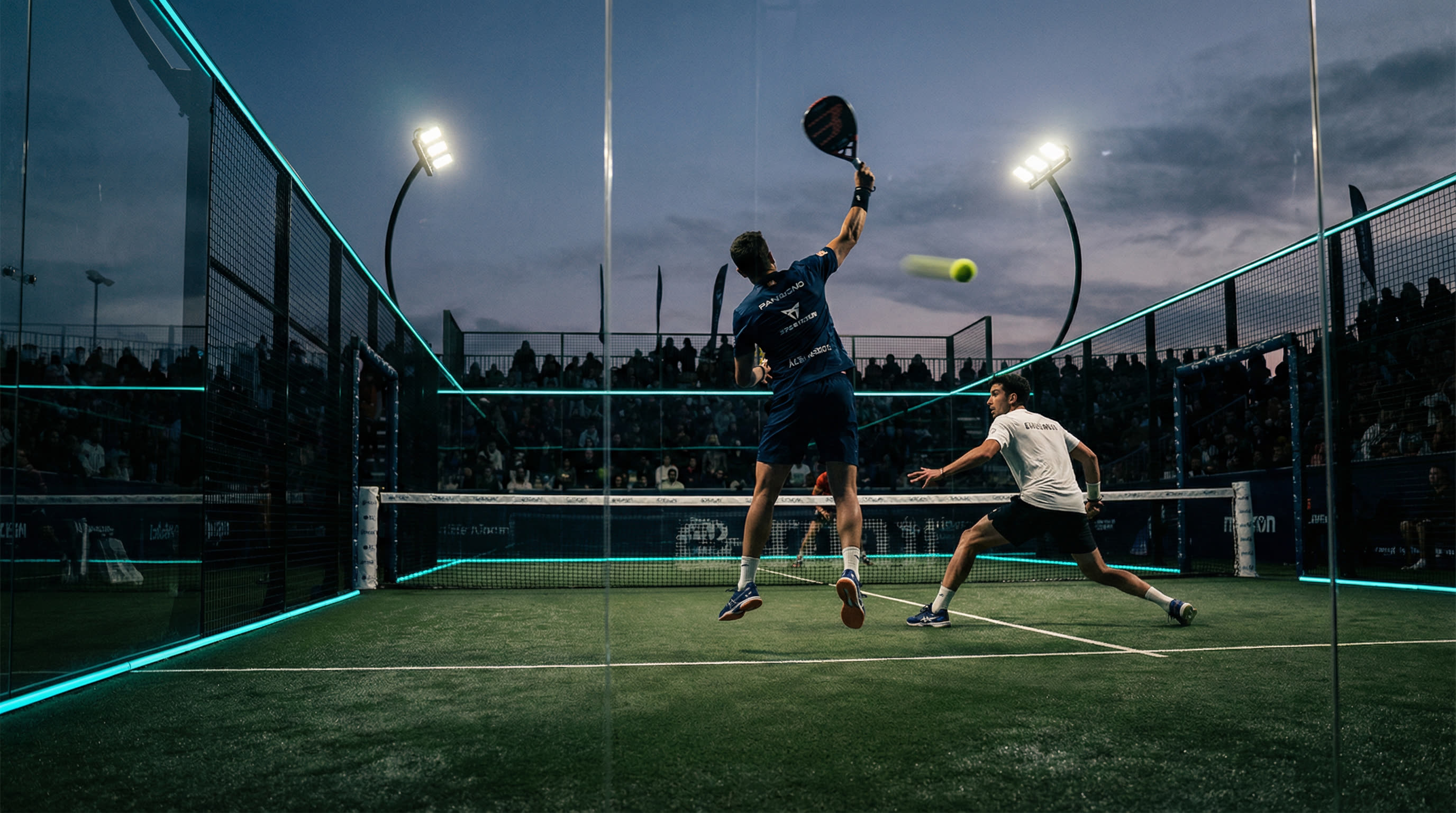 Intense padel match at a professional court with teal LED lighting
